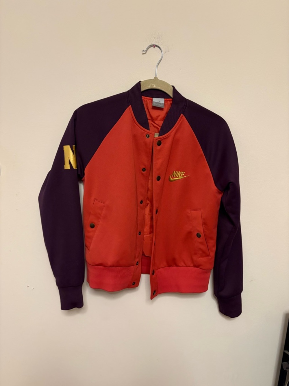 NWOT Vintage Nike Air Eccel Elite Varsity Jacket Wing Shoe Logo Orange/Purple S